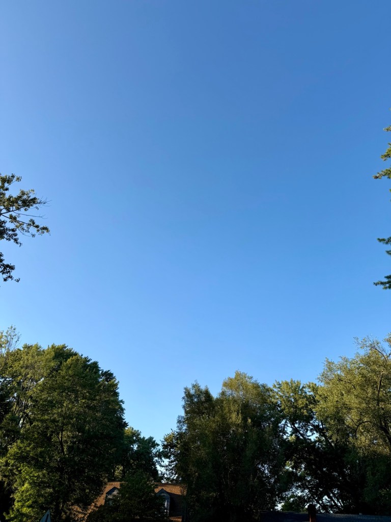 Clear blue evening sky above sunlit trees in Raytown, Missouri at 6:38 PM on September 10, 2026.