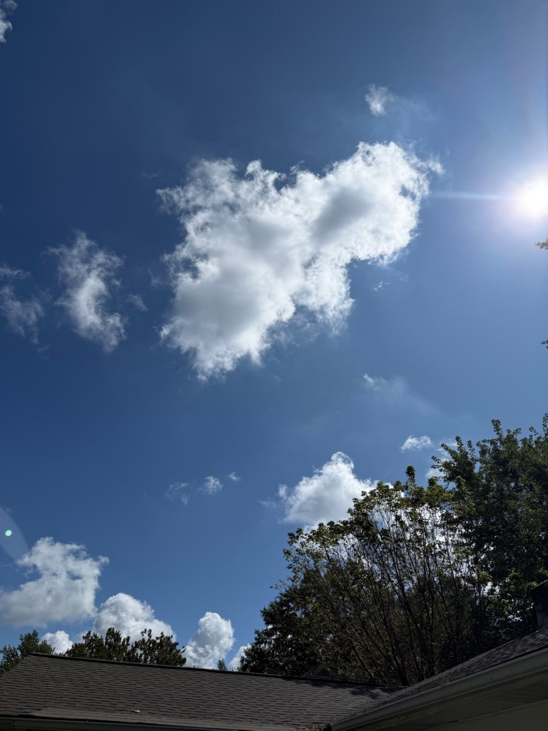 Bright midday sun shining between white cumulus clouds above trees in Raytown, Missouri