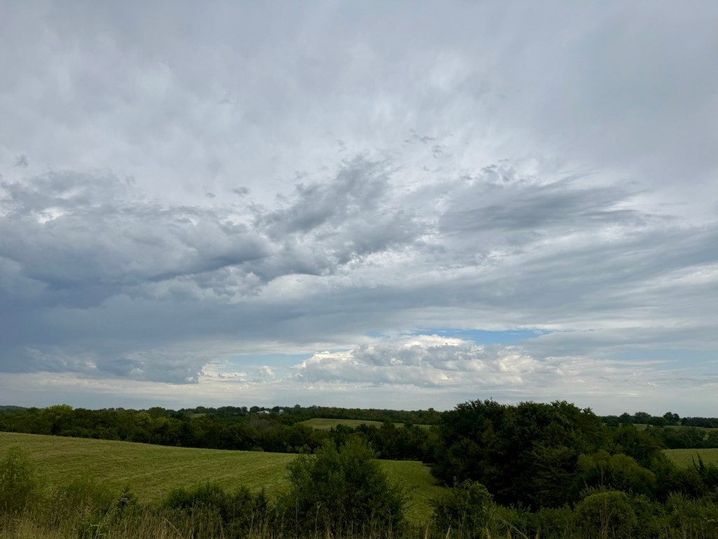 Gray layered sky over fields near Lawrence, Kansas