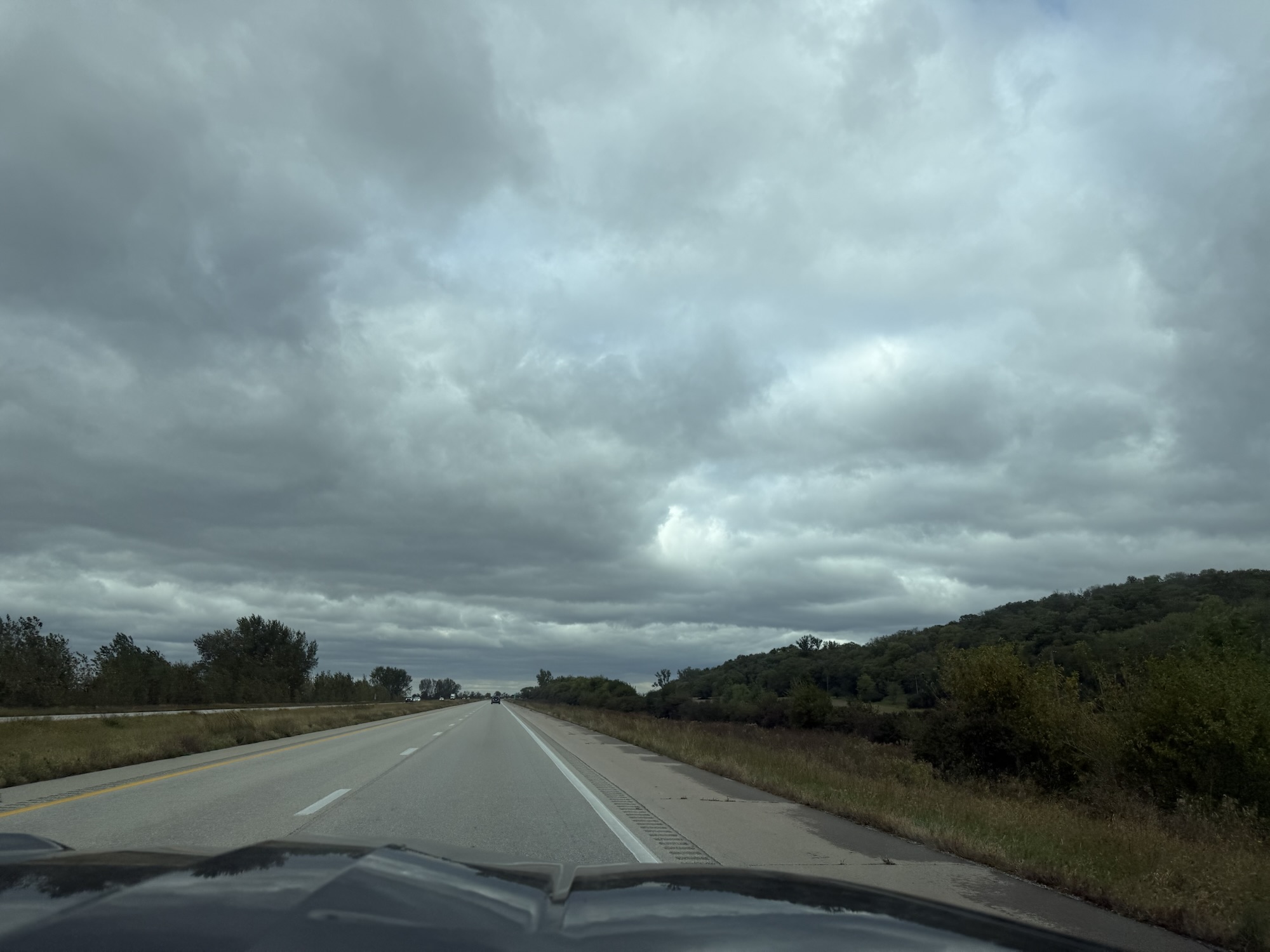 Layered gray clouds above I-29 near Rock Port